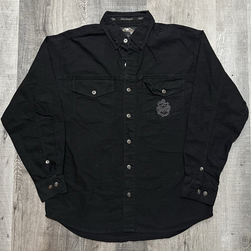 VTG Harley Davidson Black Badge Logo Two Pocket Motorcycle Biker Work Shirt Sz M